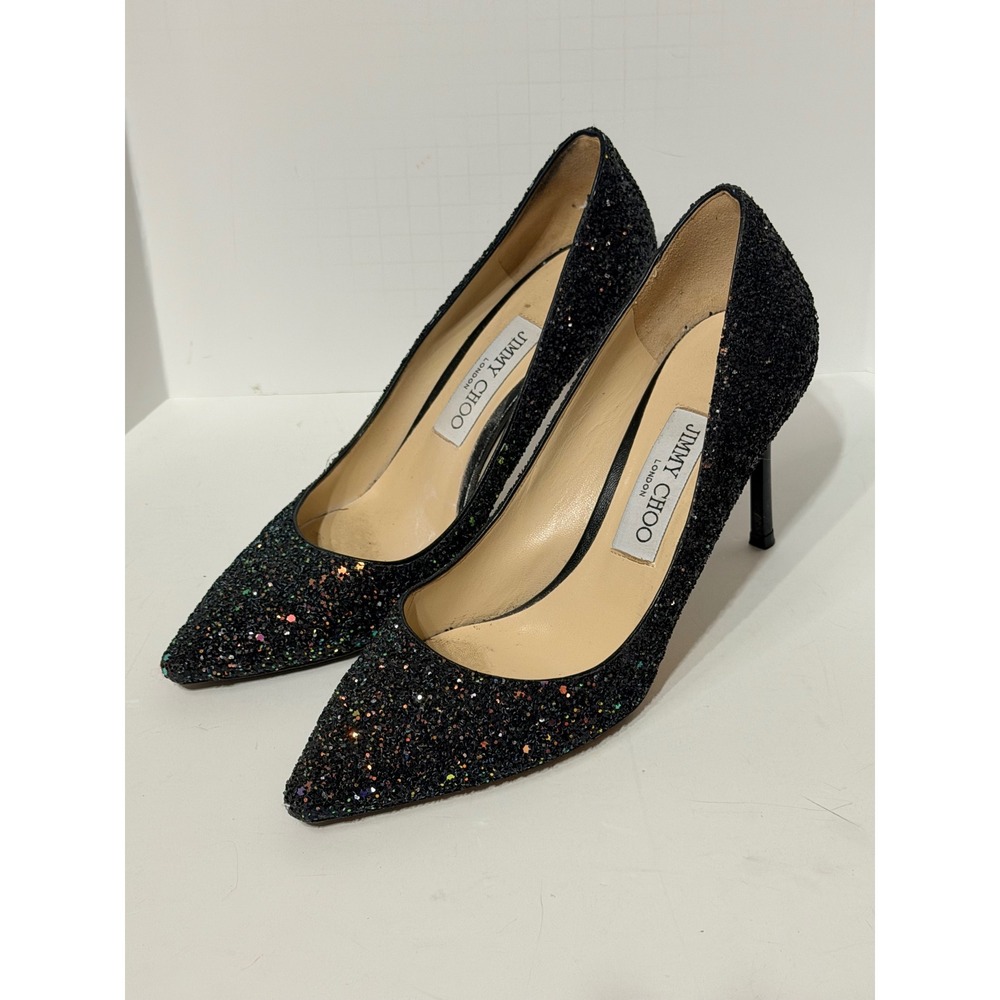 Jimmy Choo Romy 85 Black Multi Glitter Pointed Toe Pumps Heels Size 37.5 Italy